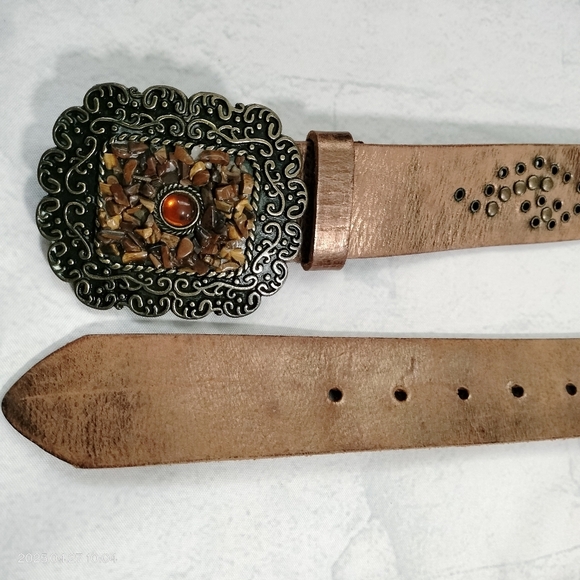 Women's Brown Gold  Brush Tooled Leather Belt with Ornate Buckle Boho Western - Picture 7 of 16